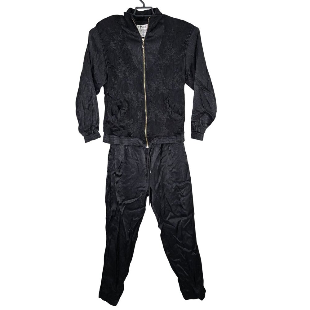 Womens Vintage Lavon Black Two-Piece Tracksuit Set Floral Jacquard Pattern M